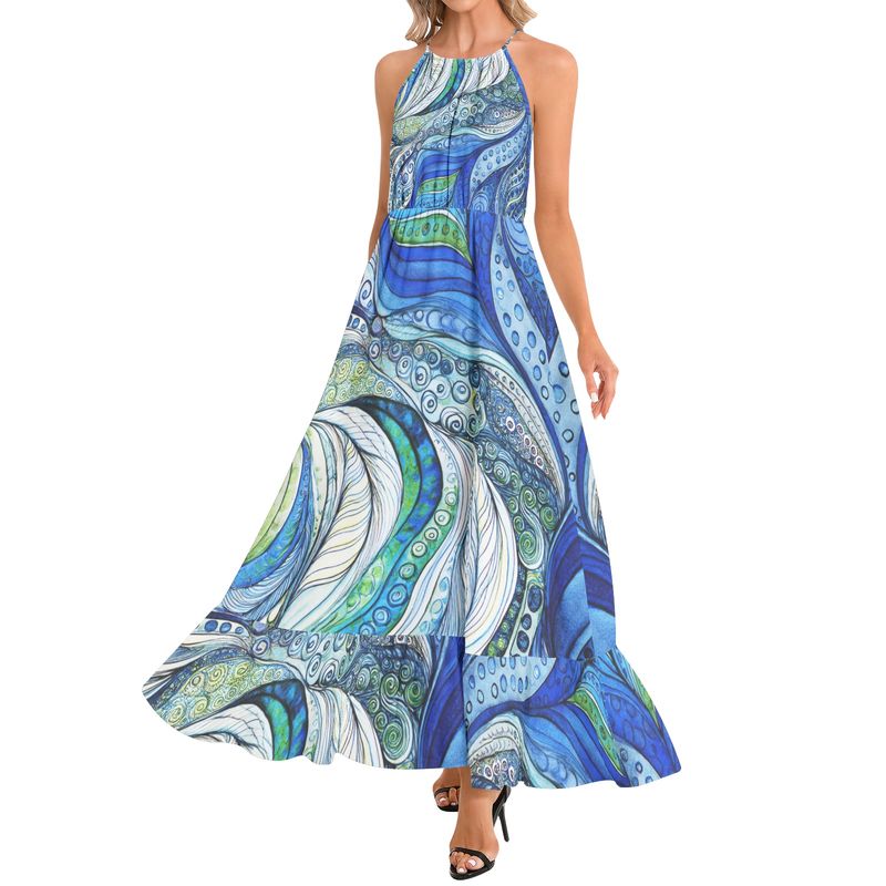 Ruffle Hem Halter Neck Maxi Dress