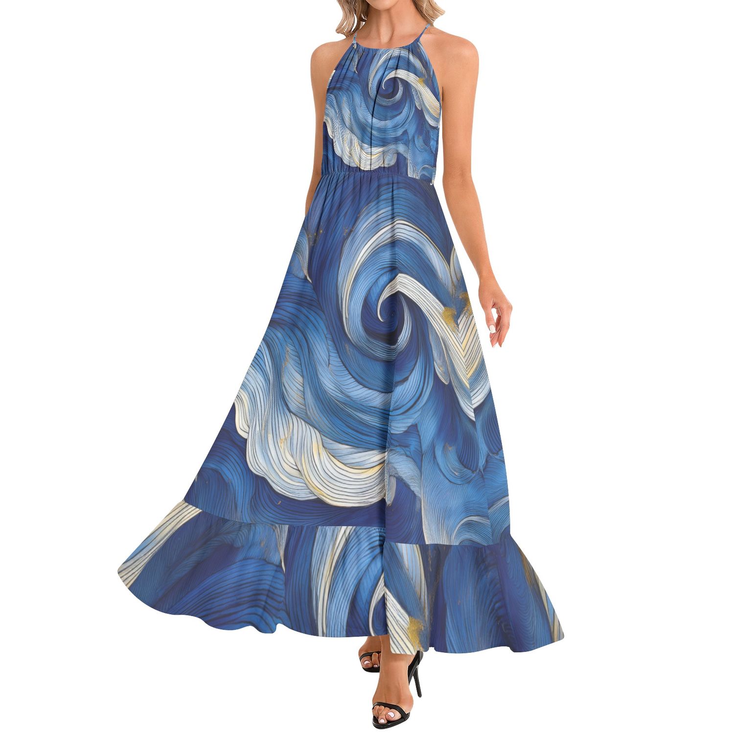 Ruffle Hem Halter Neck Maxi Dress