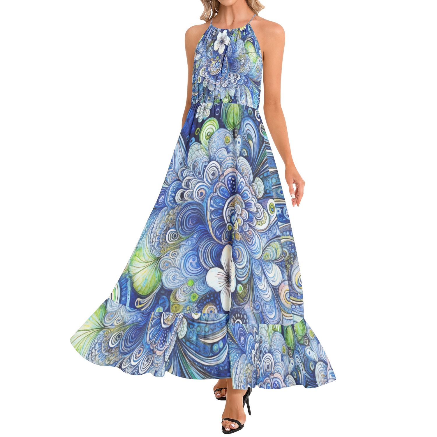 Ruffle Hem Halter Neck Maxi Dress