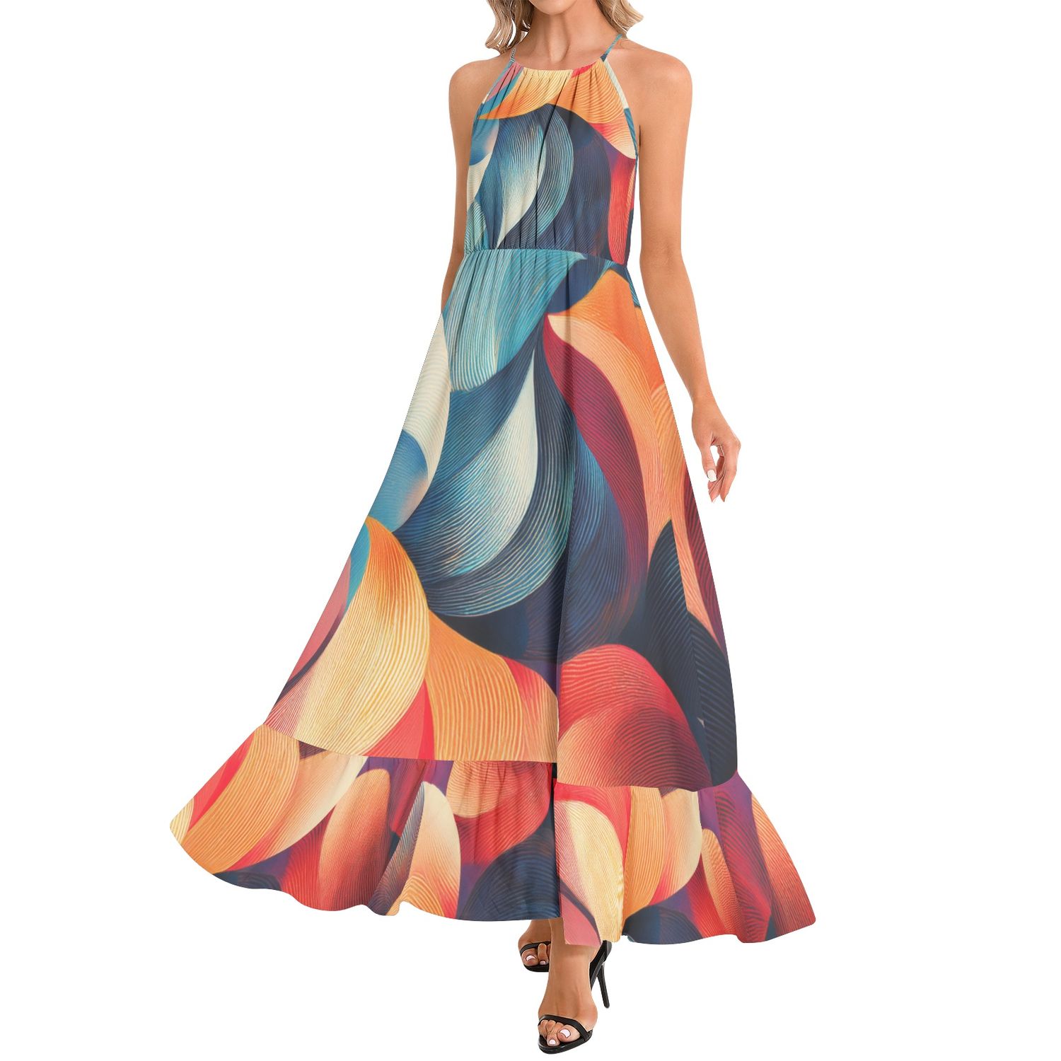 Ruffle Hem Halter Neck Maxi Dress