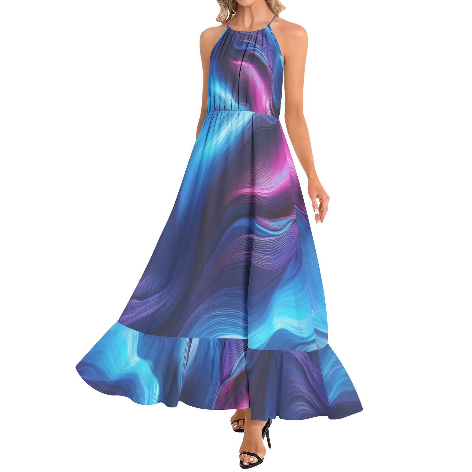 Ruffle Hem Halter Neck Maxi Dress