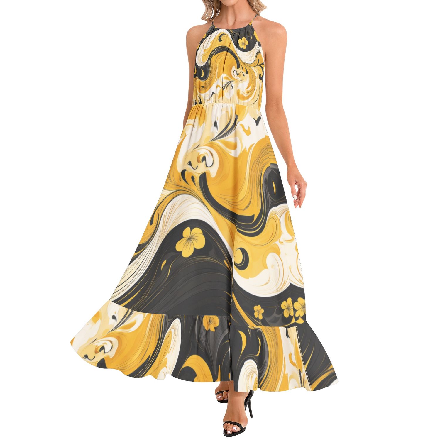 Ruffle Hem Halter Neck Maxi Dress