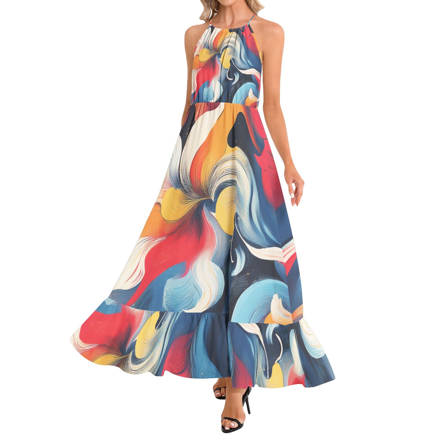 Ruffle Hem Halter Neck Maxi Dress