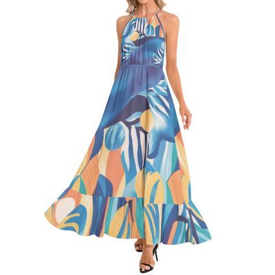 Ruffle Hem Halter Neck Maxi Dress