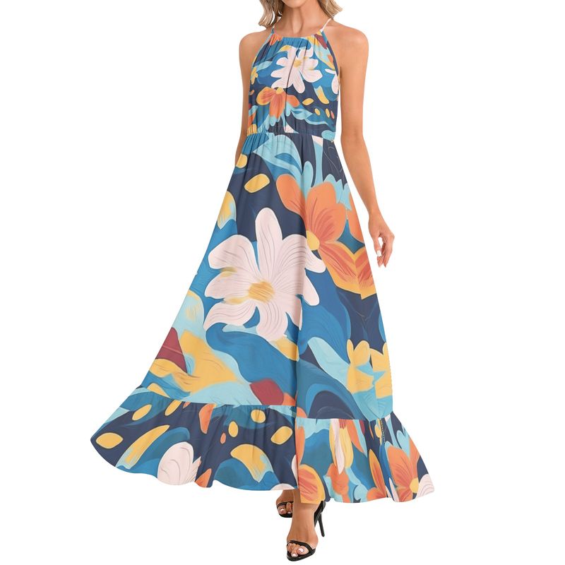 Ruffle Hem Halter Neck Maxi Dress