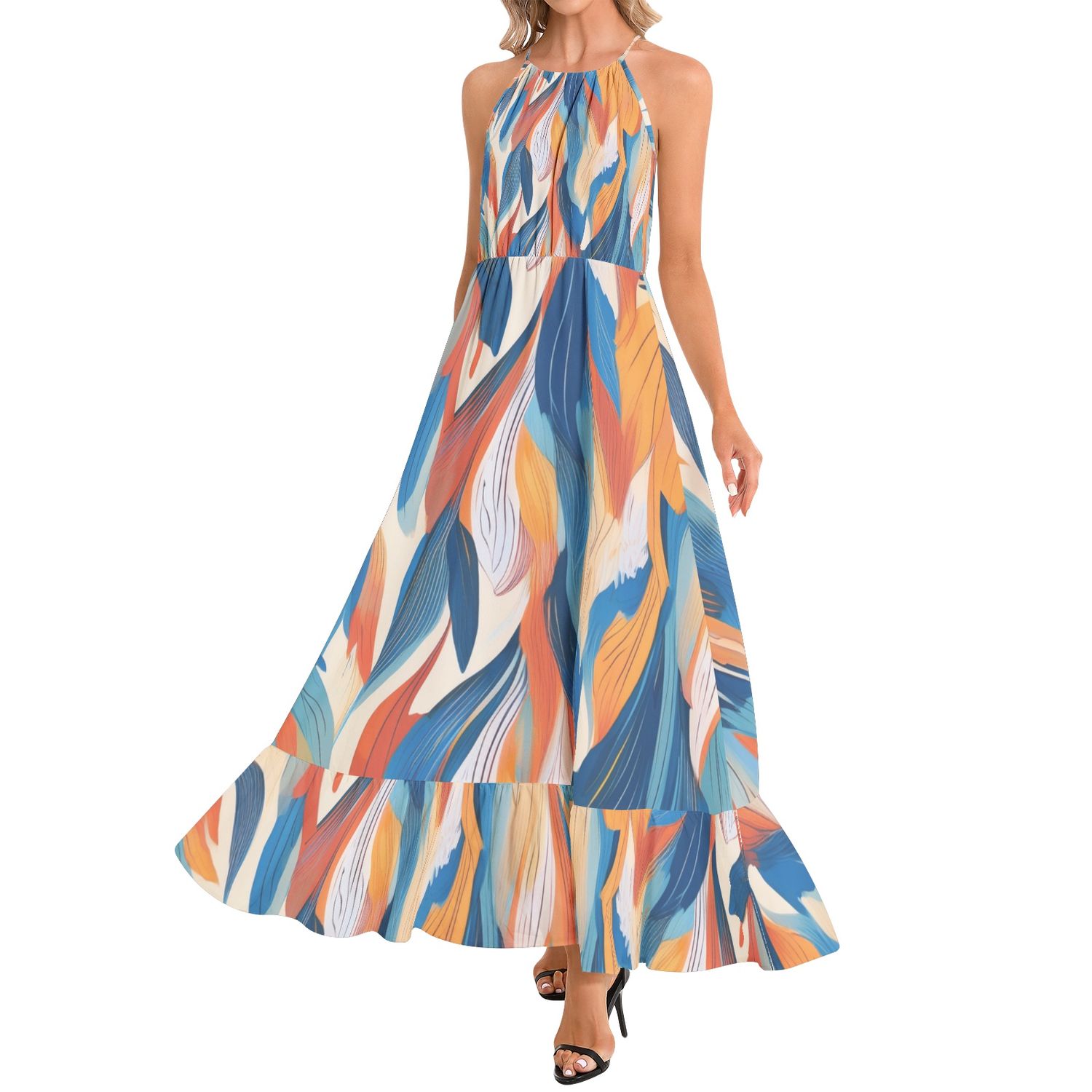 Ruffle Hem Halter Neck Maxi Dress