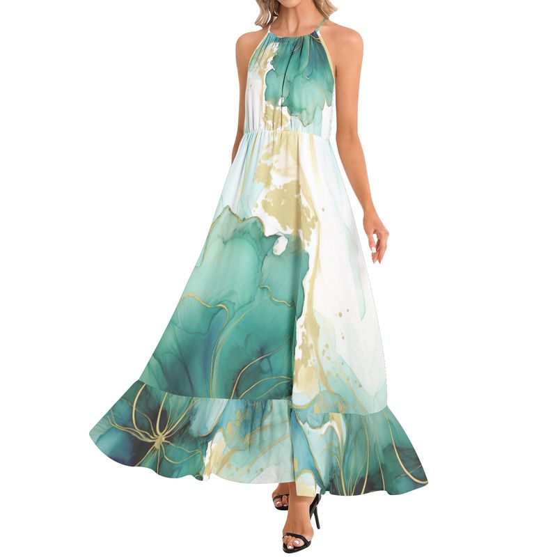 Ruffle Hem Halter Neck Maxi Dress