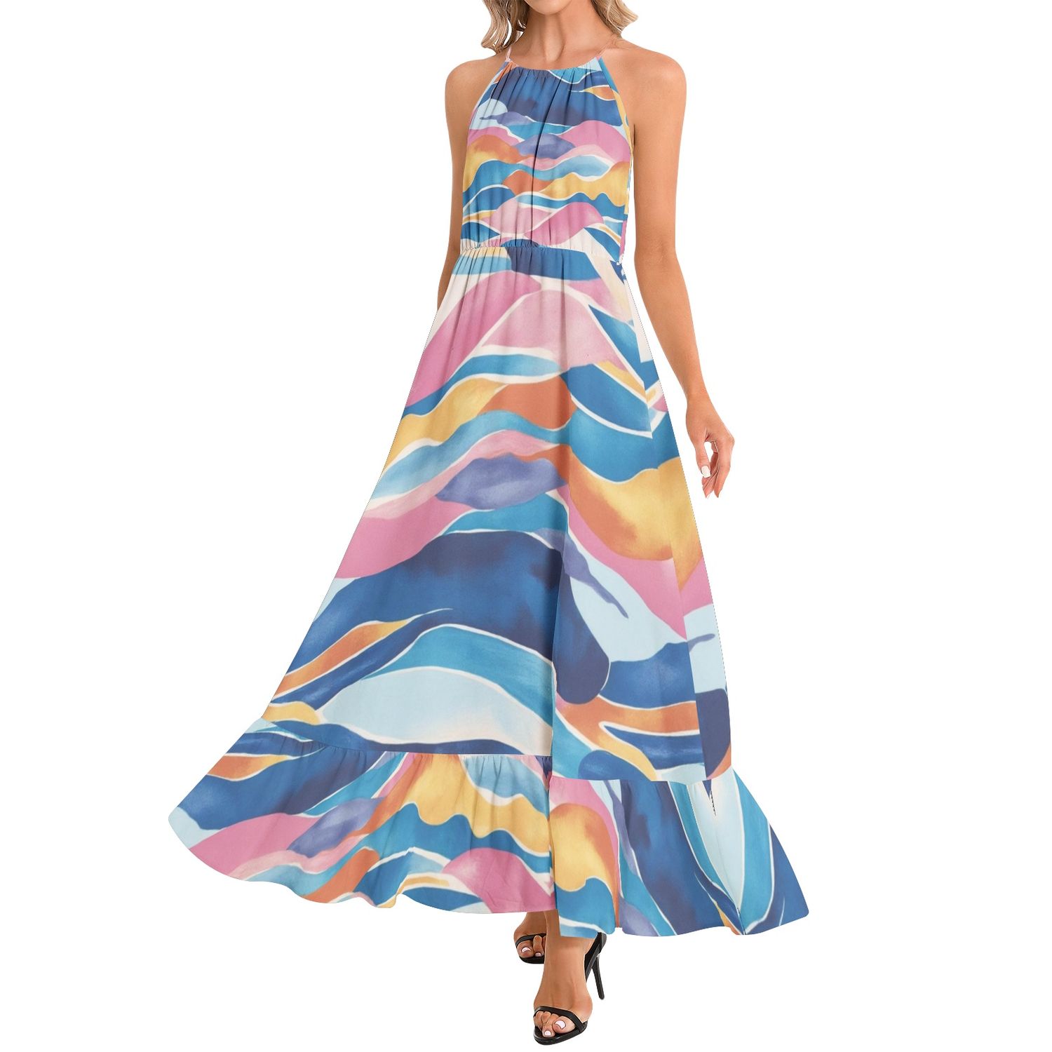 Ruffle Hem Halter Neck Maxi Dress