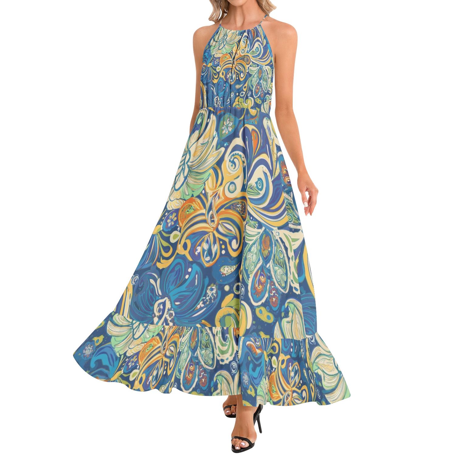 Ruffle Hem Halter Neck Maxi Dress