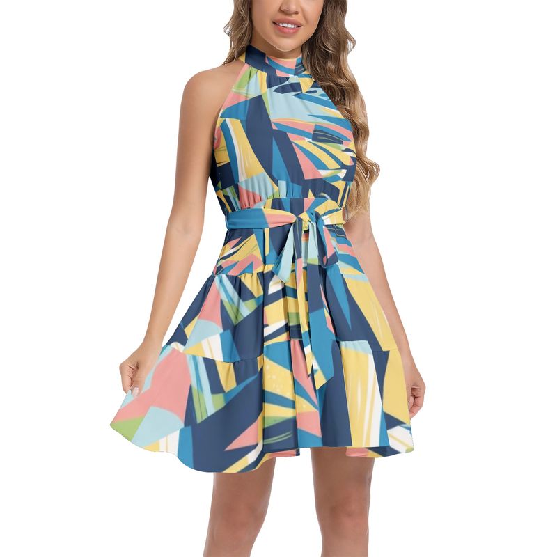 Ruffle Hem Belted Halter Dress