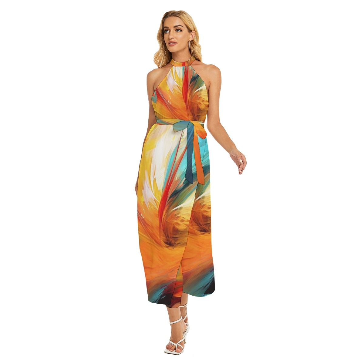 Women&#39;s Wrap Hem Belted Halter Dress