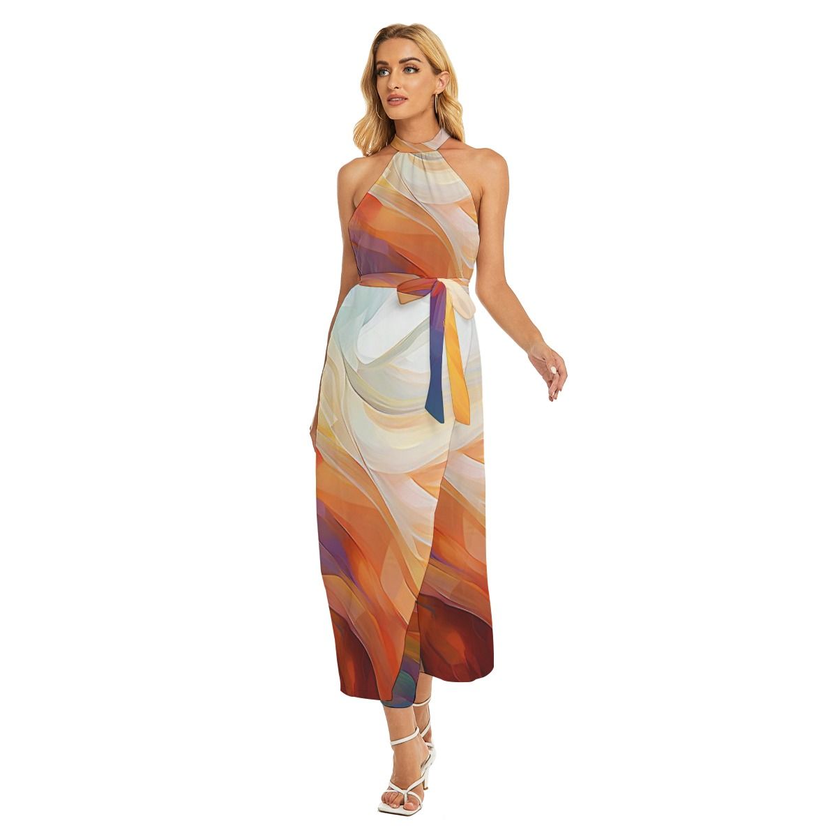 Women&#39;s Wrap Hem Belted Halter Dress