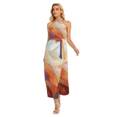 Women&#39;s Wrap Hem Belted Halter Dress