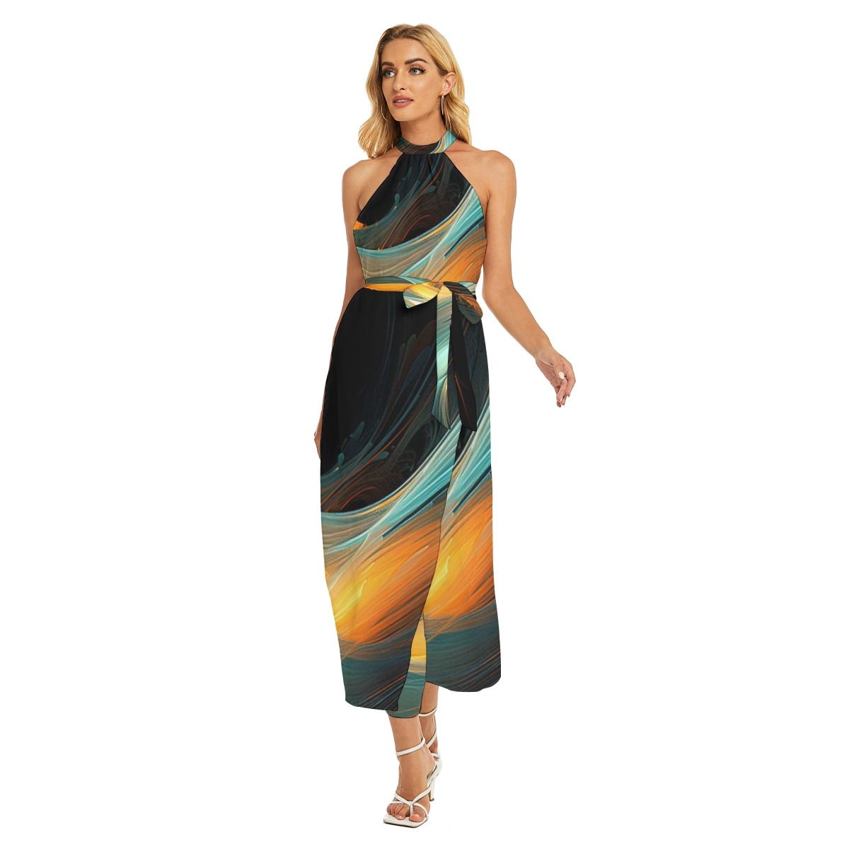 Women's Wrap Hem Belted Halter Dress
