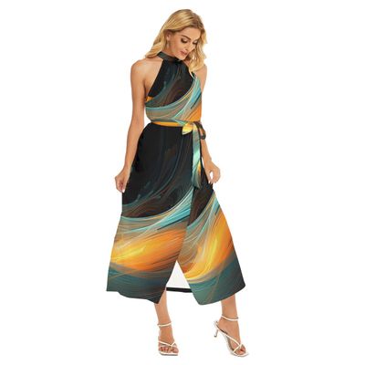 Women&#39;s Wrap Hem Belted Halter Dress