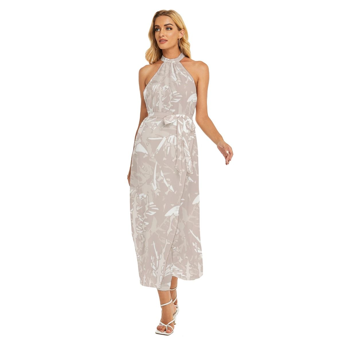 Women&#39;s Wrap Hem Belted Halter Dress