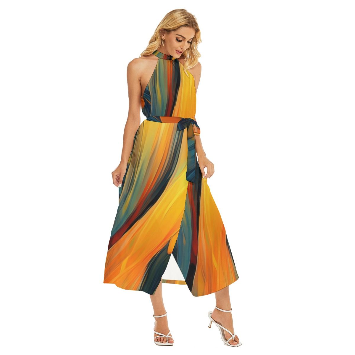 Women&#39;s Wrap Hem Belted Halter Dress