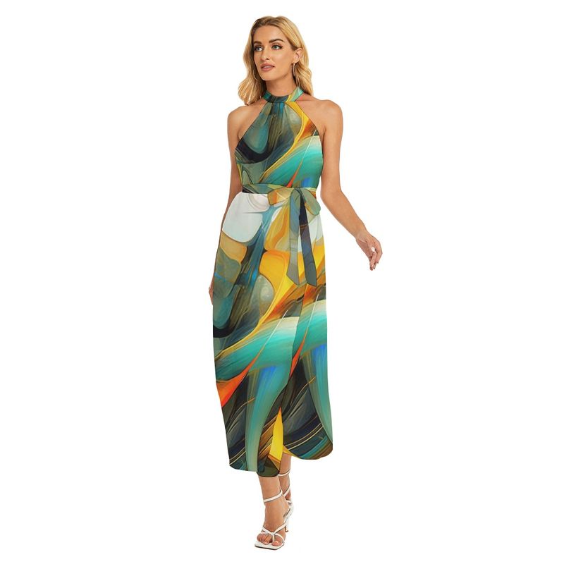 Women's Wrap Hem Belted Halter Dress