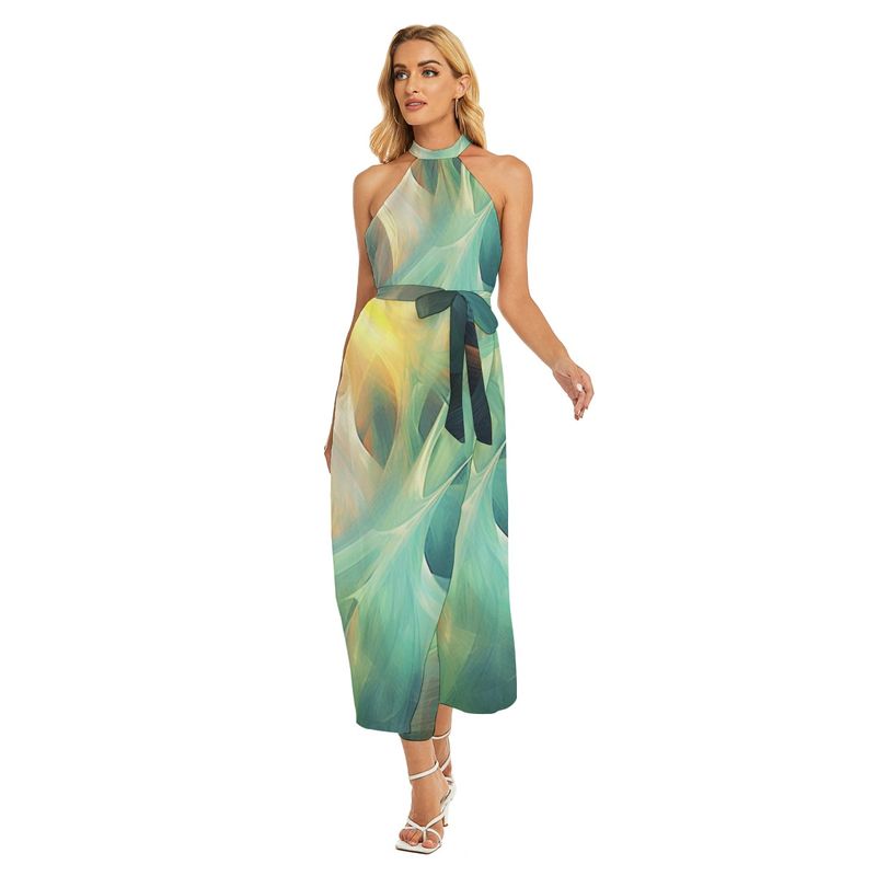 Women&#39;s Wrap Hem Belted Halter Dress