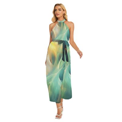 Women&#39;s Wrap Hem Belted Halter Dress