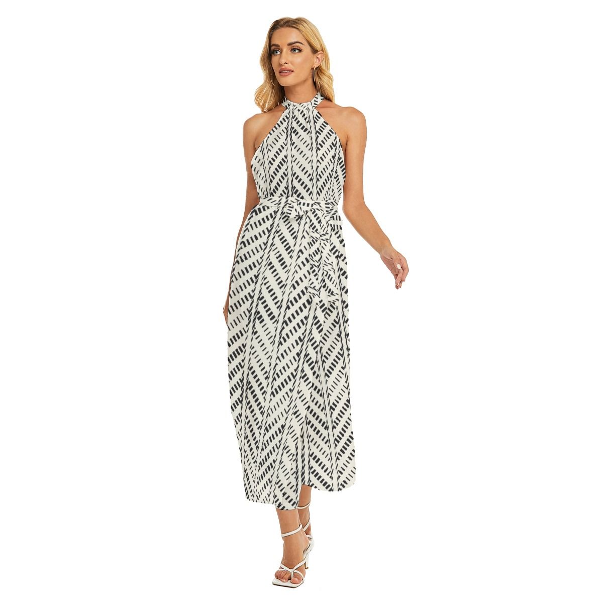 Women&#39;s Wrap Hem Belted Halter Dress