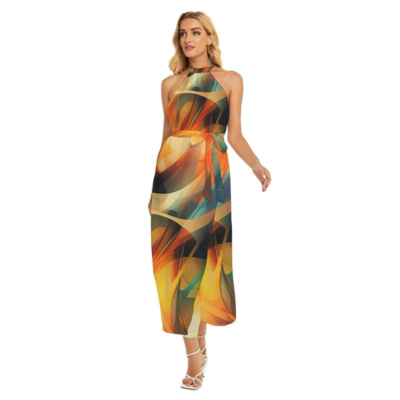 Women&#39;s Wrap Hem Belted Halter Dress