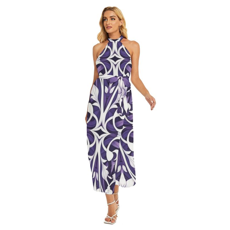 Women&#39;s Wrap Hem Belted Halter Dress