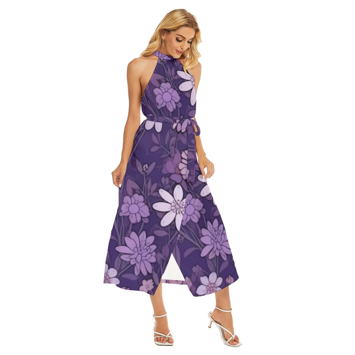 Women&#39;s Wrap Hem Belted Halter Dress