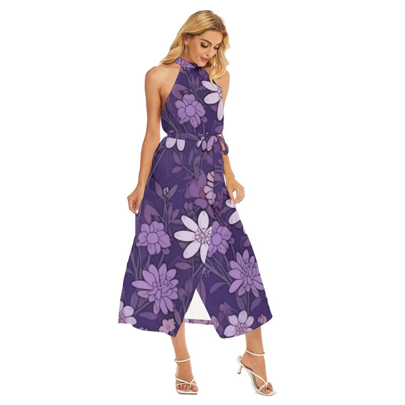 Women&#39;s Wrap Hem Belted Halter Dress