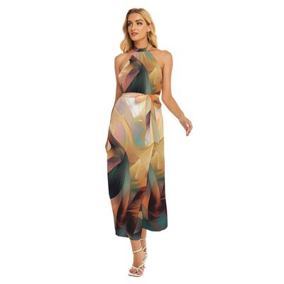 Women&#39;s Wrap Hem Belted Halter Dress