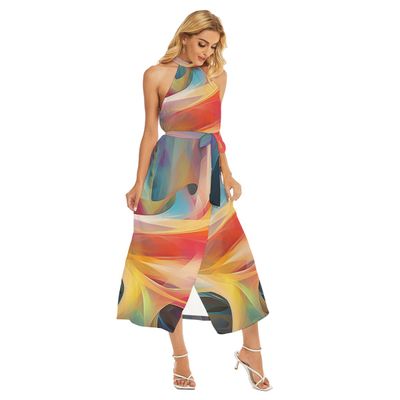 Women&#39;s Wrap Hem Belted Halter Dress