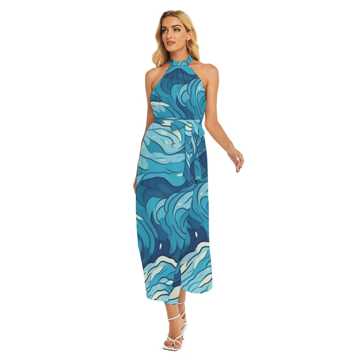 Women&#39;s Wrap Hem Belted Halter Dress