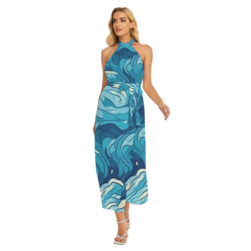 Women&#39;s Wrap Hem Belted Halter Dress