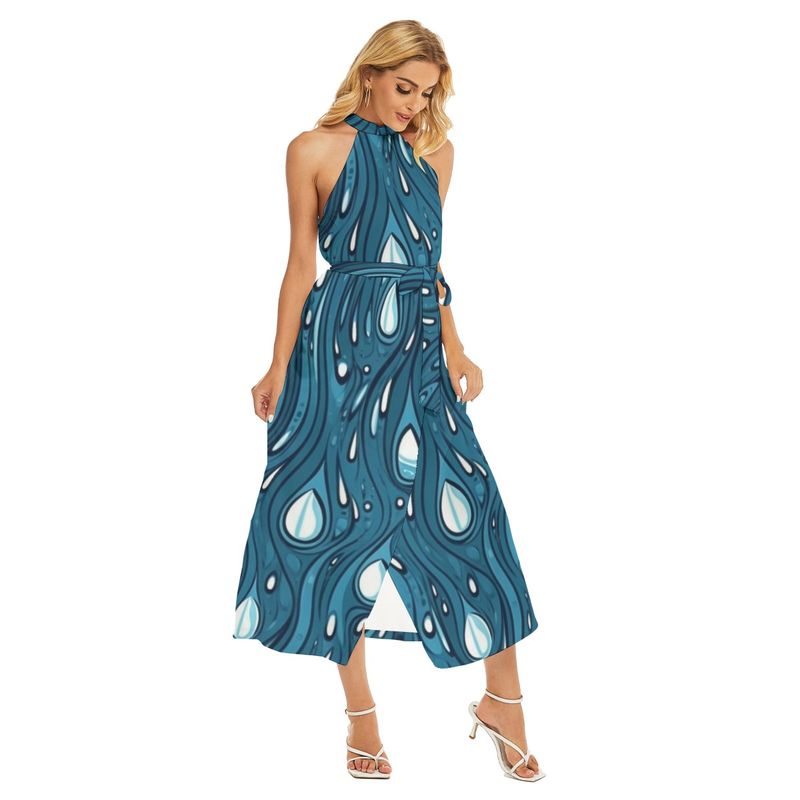 Women&#39;s Wrap Hem Belted Halter Dress