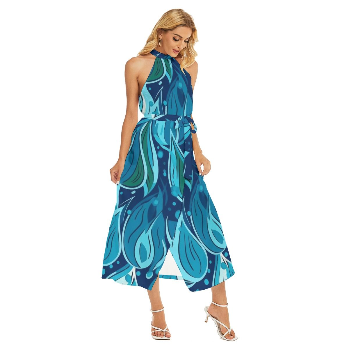 Women&#39;s Wrap Hem Belted Halter Dress