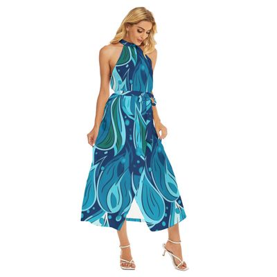 Women&#39;s Wrap Hem Belted Halter Dress