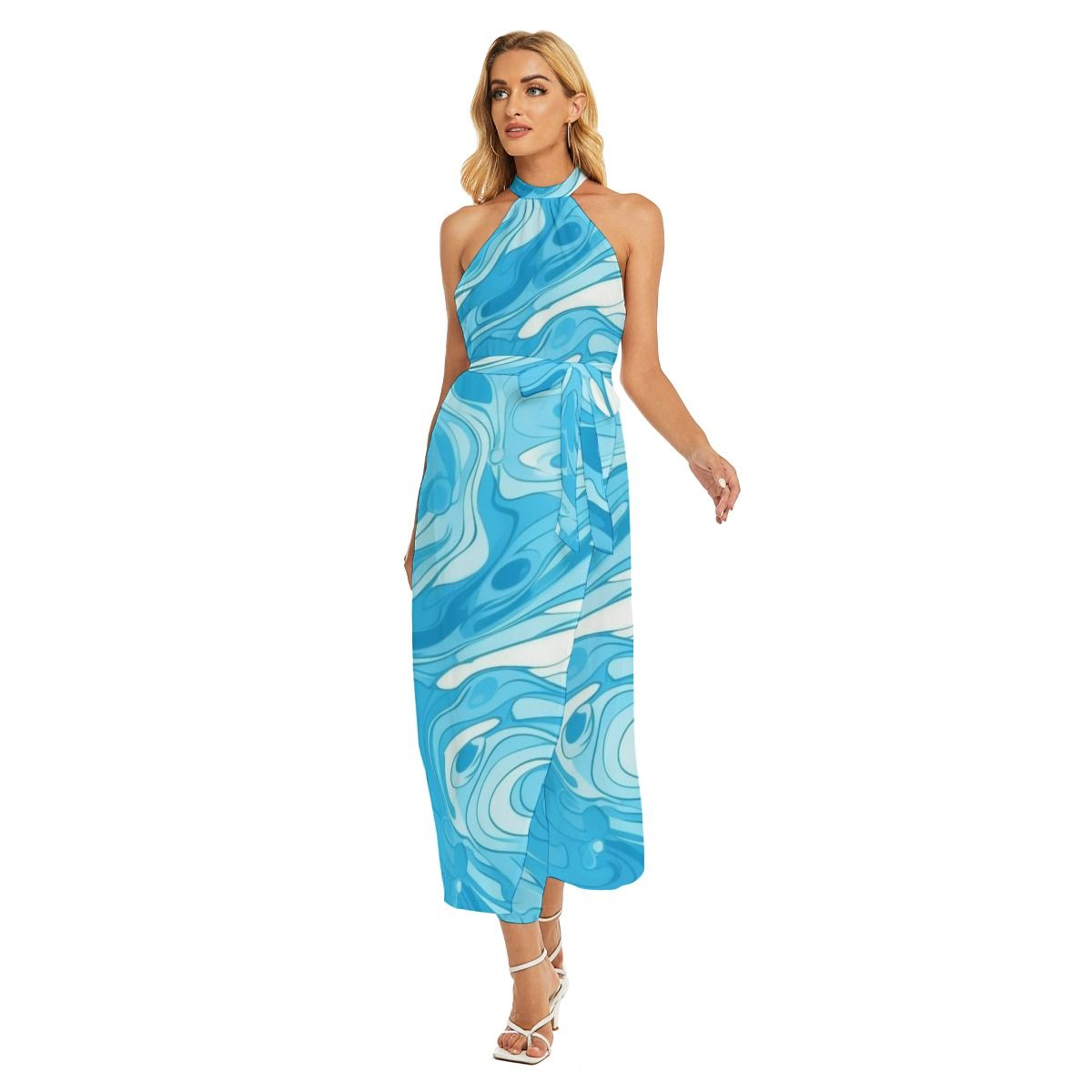 Women&#39;s Wrap Hem Belted Halter Dress