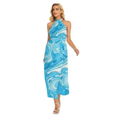 Women&#39;s Wrap Hem Belted Halter Dress