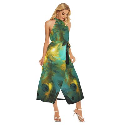 Women&#39;s Wrap Hem Belted Halter Dress