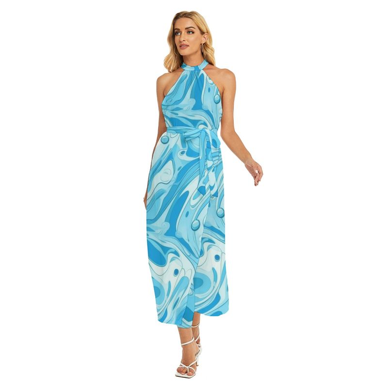 Women&#39;s Wrap Hem Belted Halter Dress