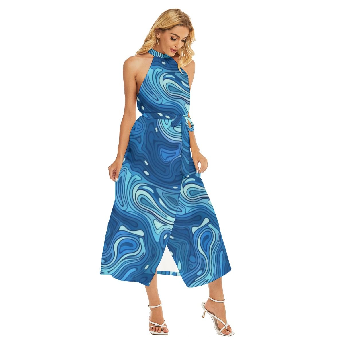 Women&#39;s Wrap Hem Belted Halter Dress