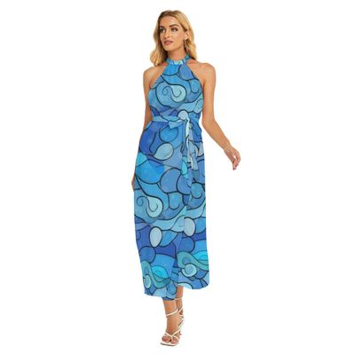 Women&#39;s Wrap Hem Belted Halter Dress