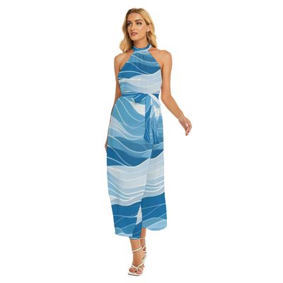 Women&#39;s Wrap Hem Belted Halter Dress
