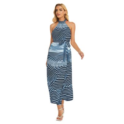 Women&#39;s Wrap Hem Belted Halter Dress