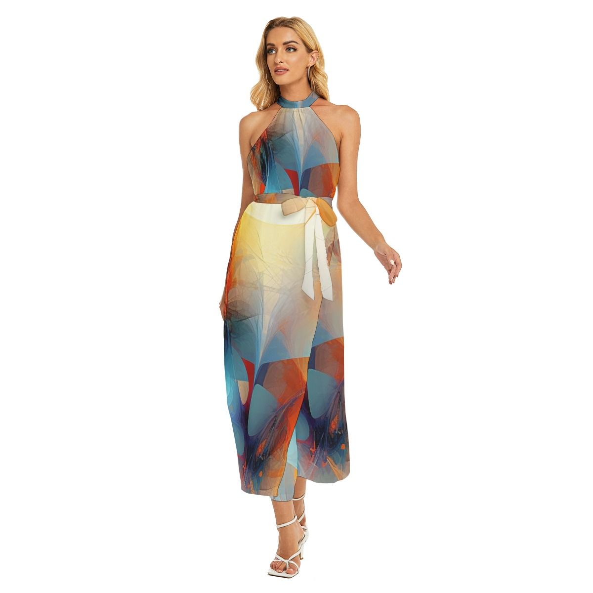 Women&#39;s Wrap Hem Belted Halter Dress