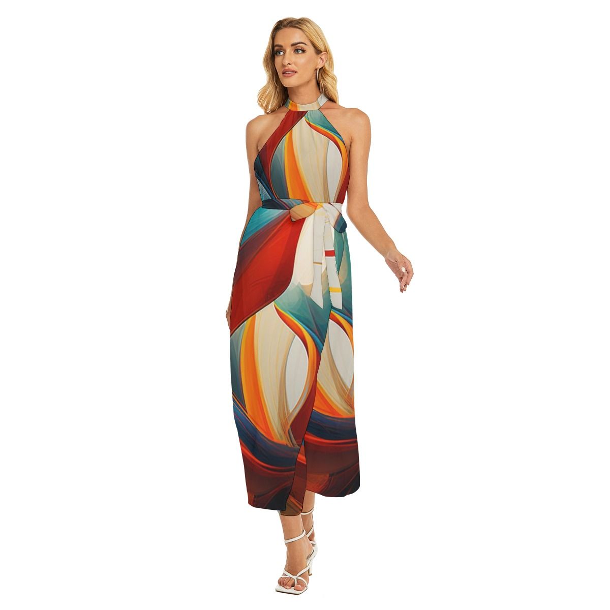 Women&#39;s Wrap Hem Belted Halter Dress