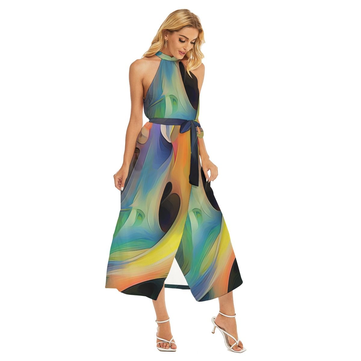 Women&#39;s Wrap Hem Belted Halter Dress