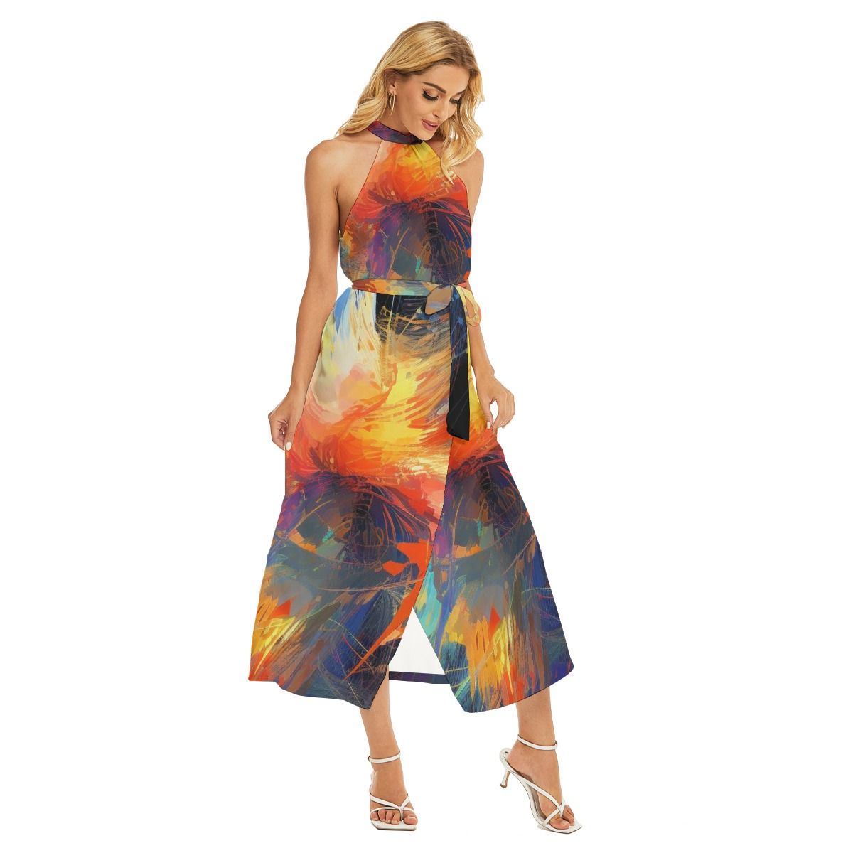 Women&#39;s Wrap Hem Belted Halter Dress