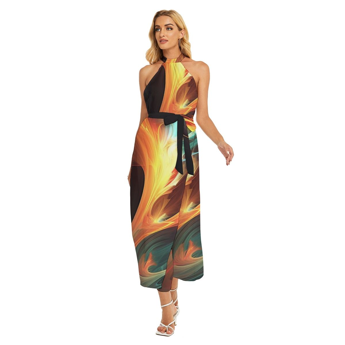 Women&#39;s Wrap Hem Belted Halter Dress