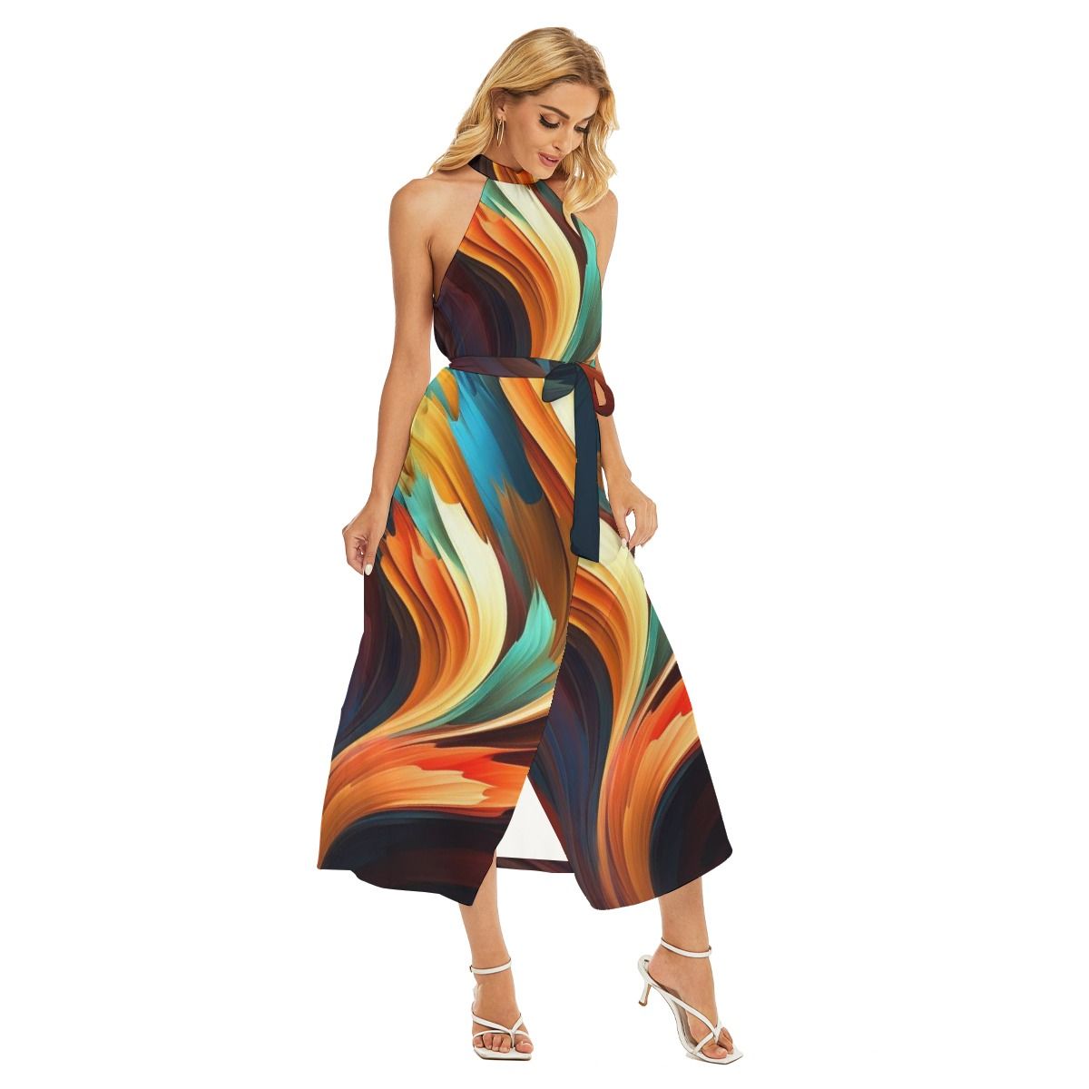 Women's Wrap Hem Belted Halter Dress